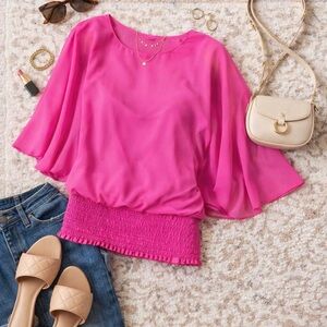 Sam & Jess Fuchsia Smocked Waist Blouse L NWT Sheer Cape Sleeve Top Chic Office
